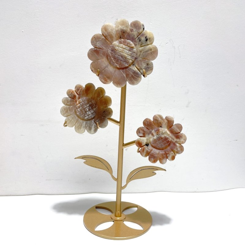 2 Pairs Sunstone Mixed Moonstone Sunflower Carving With Stand - Wholesale Crystals