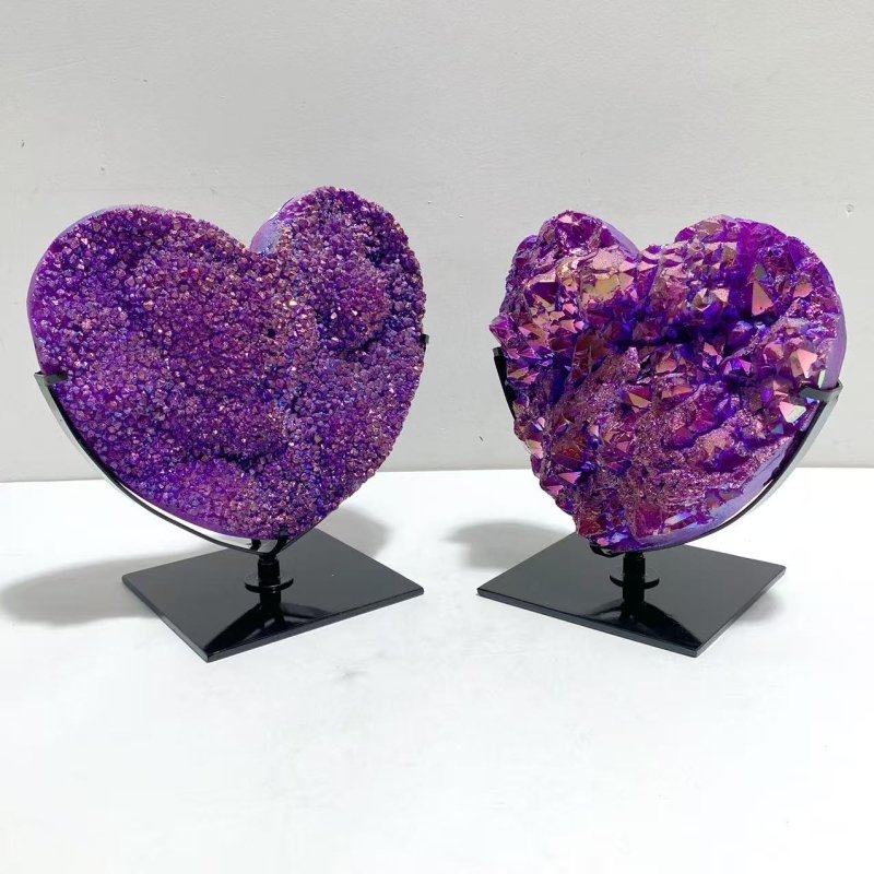 2 Pieces Aura Purple Quartz Cluster Heart With Stand 9 - Wholesale Crystals