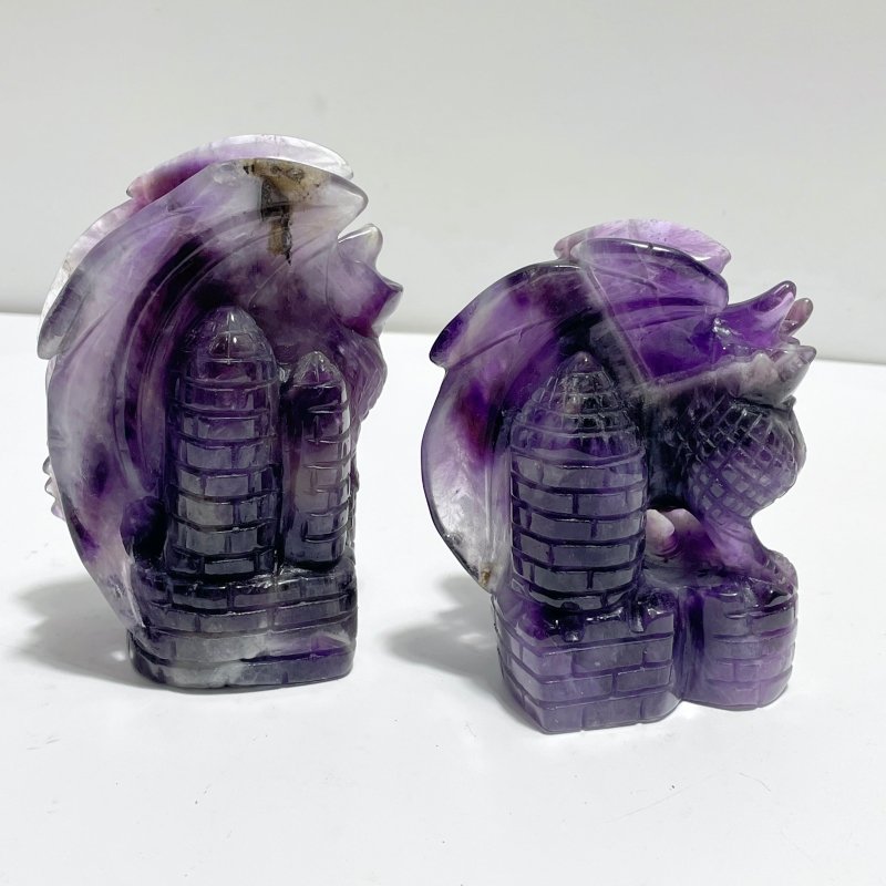 2 Pieces Beautiful Chevron Amethyst Dragon Castle Carving - Wholesale Crystals