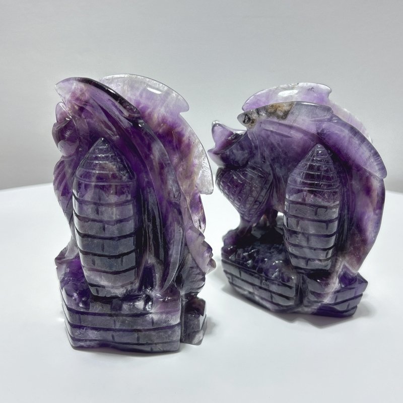 2 Pieces Beautiful Chevron Amethyst Dragon Castle Carving - Wholesale Crystals