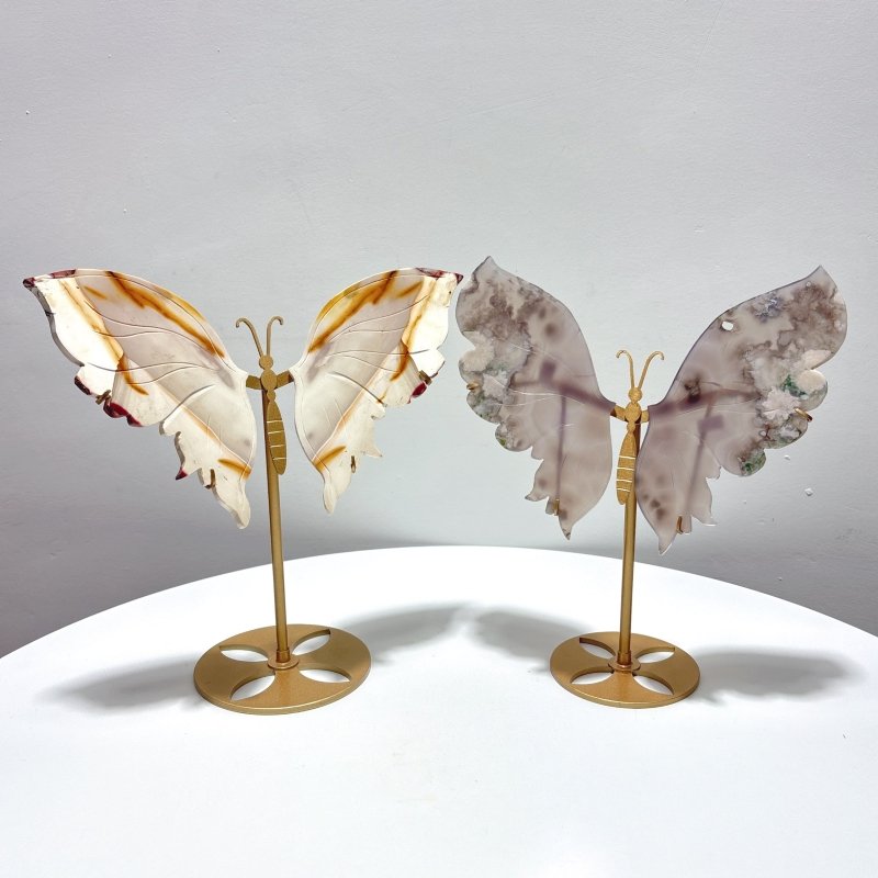 2 Pieces Butterfly Carving With Stand Flower Agate Mookaite - Wholesale Crystals