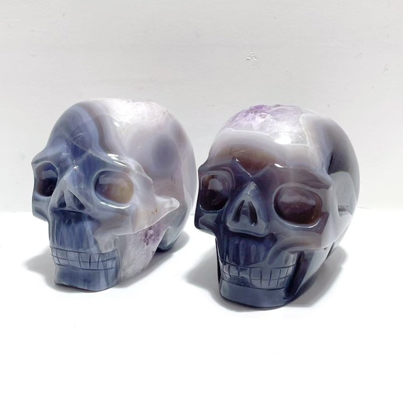 2 Pieces Druzy Geode Amethyst Mixed Agate Large Skull Carving - Wholesale Crystals