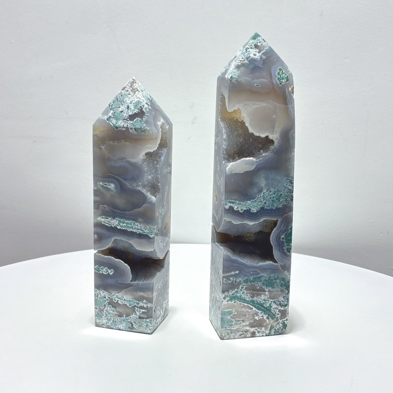 2 Pieces Large Druzy Moss Agate Geode Four - Sided Tower - Wholesale Crystals