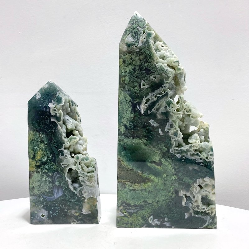 2 Pieces Large Druzy Moss Agate Geode Rough - Sided Tower - Wholesale Crystals