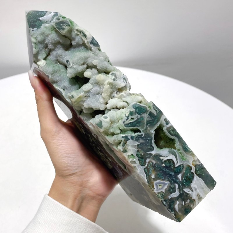 2 Pieces Large Druzy Moss Agate Geode Rough - Sided Tower - Wholesale Crystals