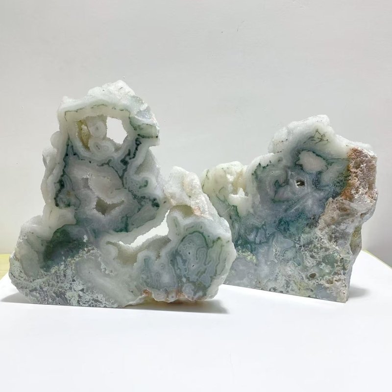 2 Pieces Large Geode Druzy Moss Agate Tower Home Decor - Wholesale Crystals