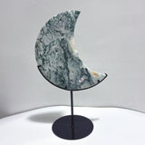 2 Pieces Large Moss Agate Moon Carving With Stand - Wholesale Crystals