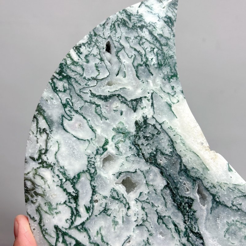 2 Pieces Large Moss Agate Moon Carving With Stand - Wholesale Crystals
