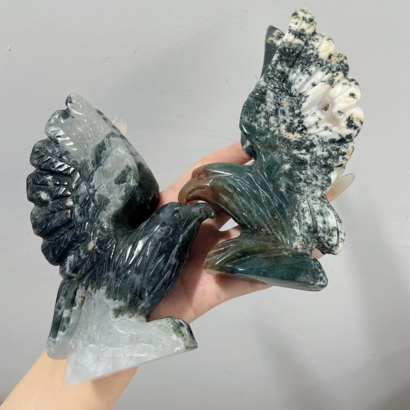 2 Pieces Moss Agate Eagle Carving - Wholesale Crystals