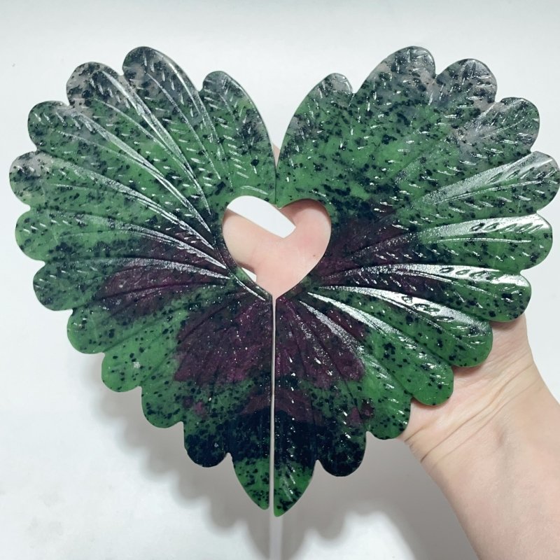 2 Pieces Ruby Zoisite Stone Feather Heart Carving With Stand - Wholesale Crystals