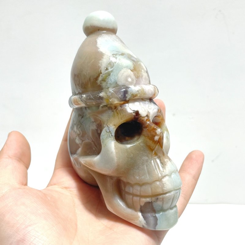 2 Pieces Sakura Flower Agate Christmas Hat Skull Carving - Wholesale Crystals