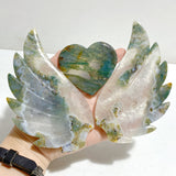 Moss Agate Heart Wing Carving With Stand