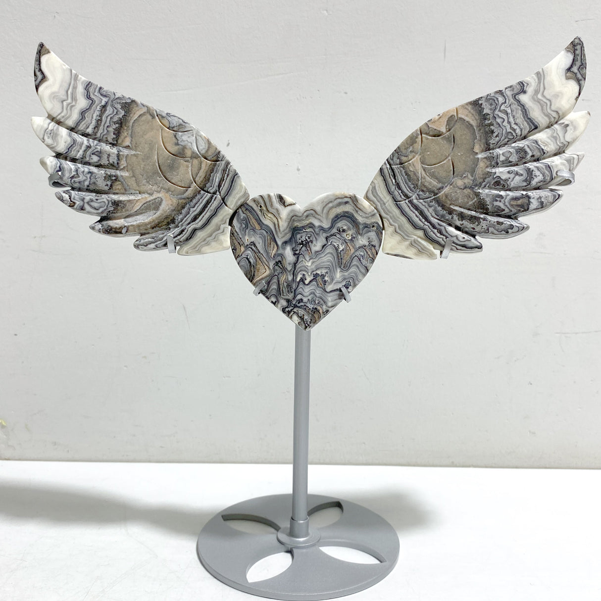 Gray Lace Agate Heart Wing Carving With Stand
