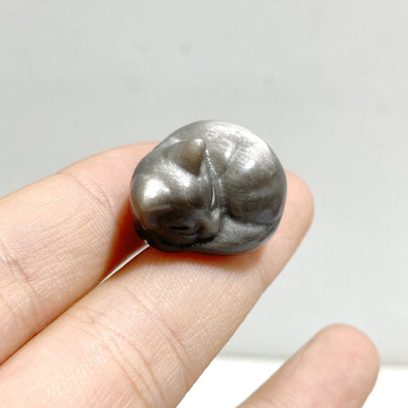 2.4cm Small Silver Sheen Obsidian Sleeping Cat Carving Wholesale - Wholesale Crystals