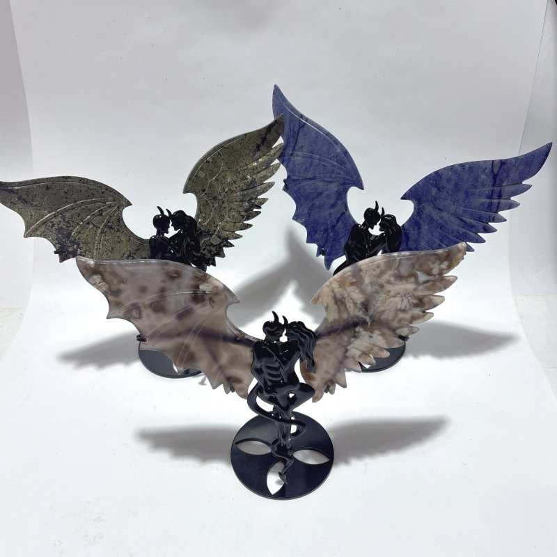 3 Pairs Demon And Angel Wing Carving With Stand Blue Aventurine Pyrite -Wholesale Crystals