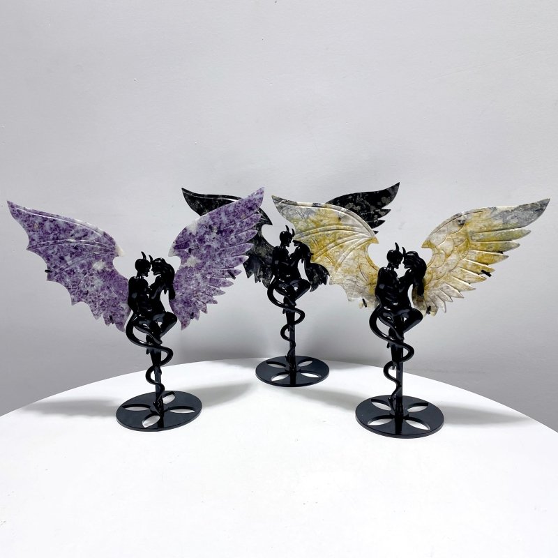 3 Pairs Demon And Angel Wing Carving With Stand Lepidolite Pyrite Crazy Agate - Wholesale Crystals