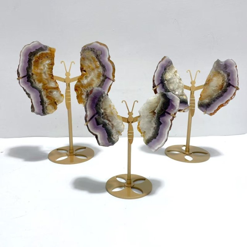 3 Pairs Fluorite Mixed Pyrite Butterfly Wing Carving With Stand - Wholesale Crystals