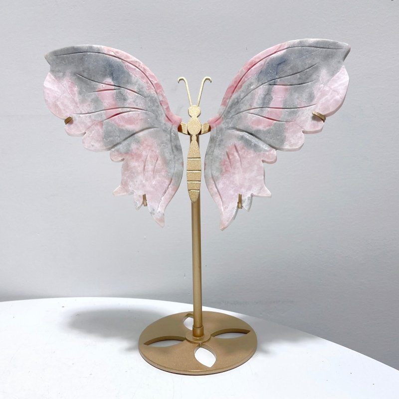 3 Pairs Pink Opal Butterfly Wing Carving With Stand - Wholesale Crystals