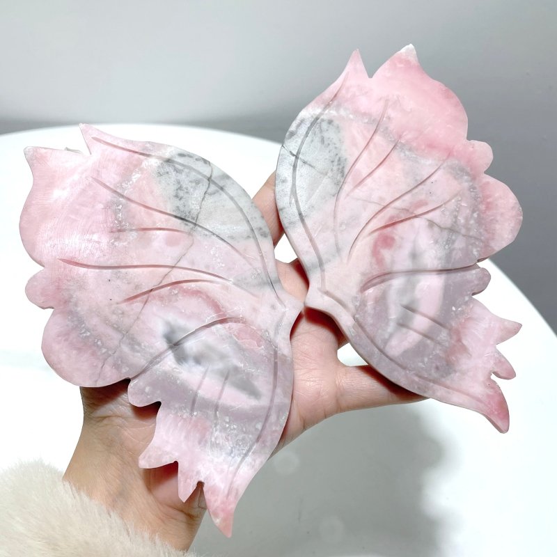 3 Pairs Pink Opal Butterfly Wing Carving With Stand - Wholesale Crystals