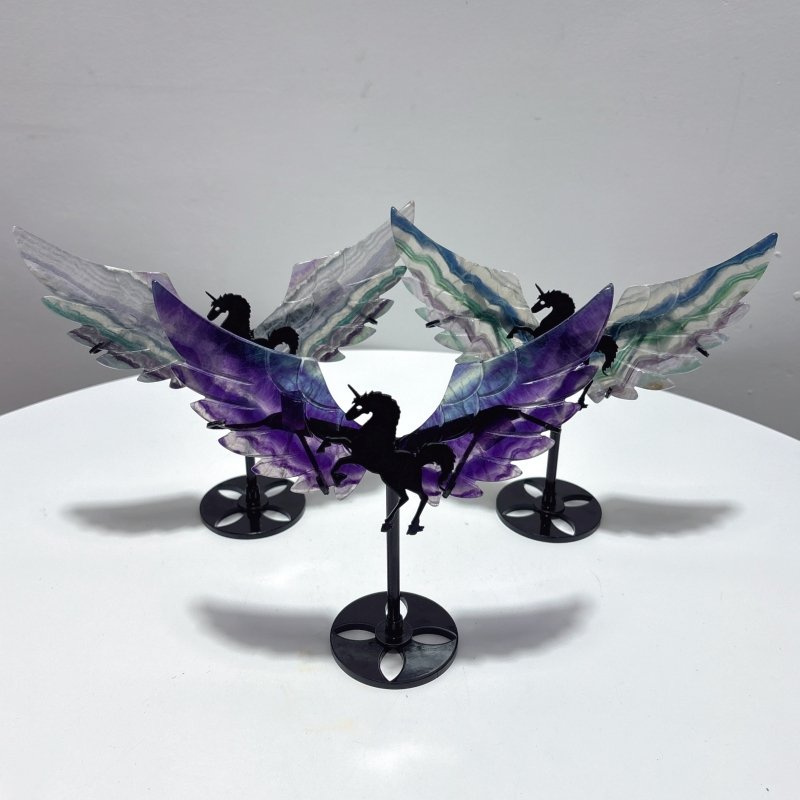 3 Pairs Rainbow Fluorite Pegasus Wing Crystal Carving With Stand - Wholesale Crystals