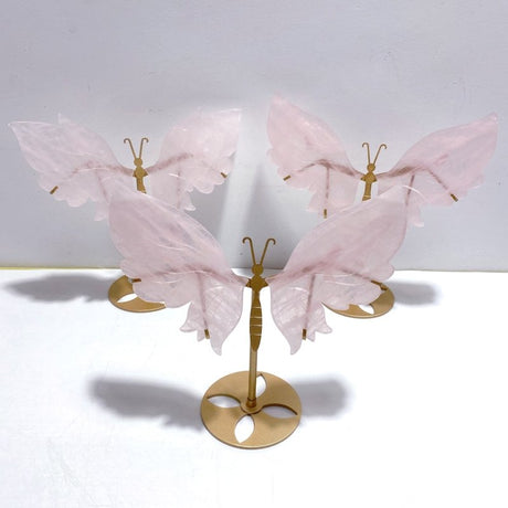 3 Pairs Rose Quartz Butterfly Wing Carving With Stand - Wholesale Crystals