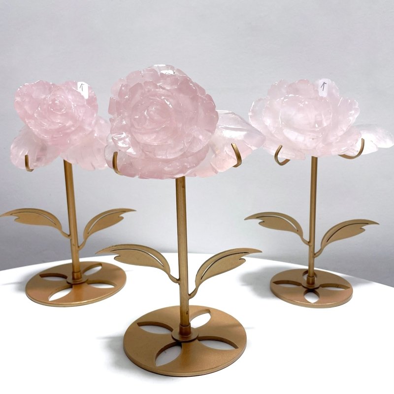 3 Pairs Rose Quartz Small Flower Carving With Stand - Wholesale Crystals