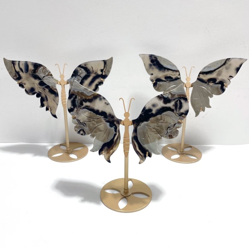 3 Pairs Volcano Agate Butterfly Wing Carving With Stand (UV Reactive) - Wholesale Crystals