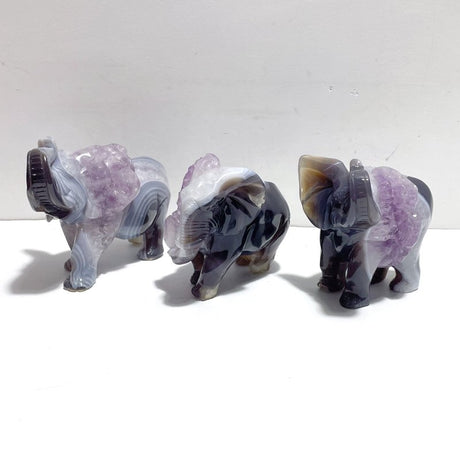 3 Pieces Amethyst Mixed Geode Druzy Agate Elephant Animal Carving A22 - Wholesale Crystals
