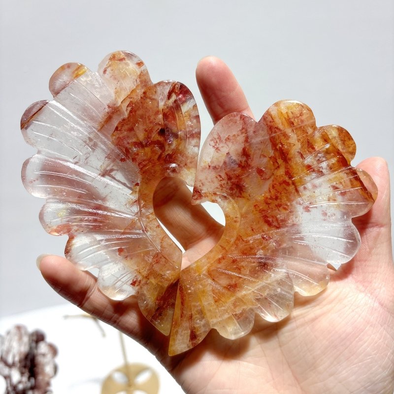 3 Pieces Beautiful Fire Quartz Heart Wing Carving With Stand - Wholesale Crystals