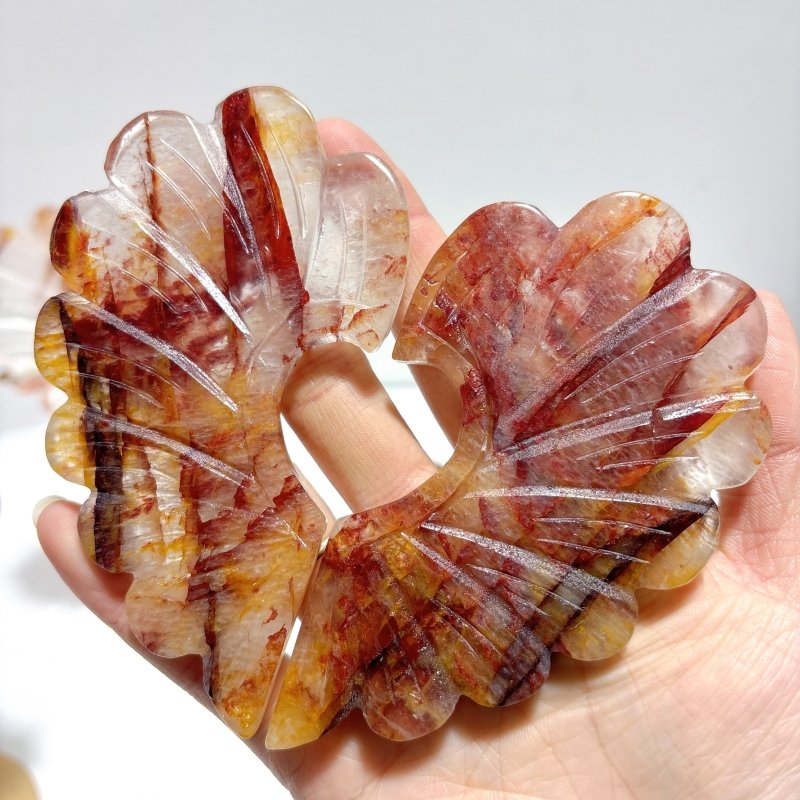 3 Pieces Beautiful Fire Quartz Heart Wing Carving With Stand - Wholesale Crystals