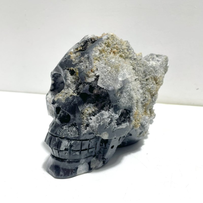 3 Pieces Black Clear Quartz Cluster Skull Carving - Wholesale Crystals