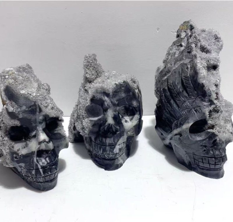 3 Pieces Black Clear Quartz Cluster Skull Carving - Wholesale Crystals