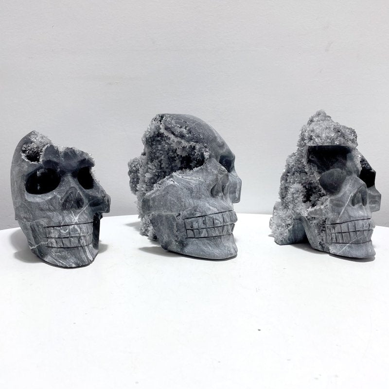 3 Pieces Black Clear Quartz Cluster Symbiosis Mixed Pyrite Skull Carving - Wholesale Crystals