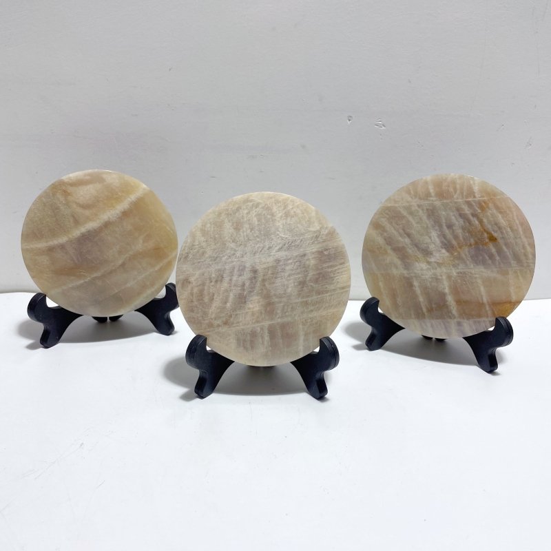 3 Pieces Blue Moonstone Round Plate Home Decor With Plastic Base - Wholesale Crystals