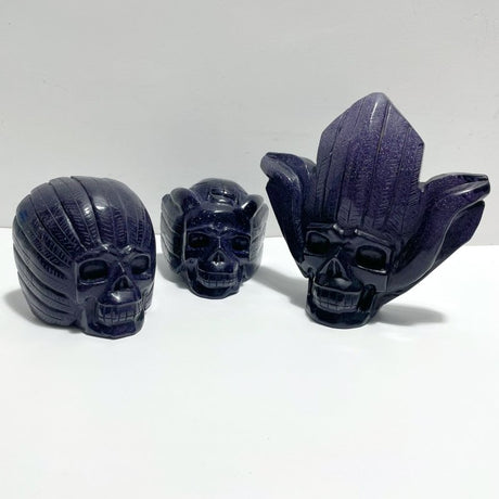 3 Pieces Blue Sandstone Indian Skull Carving - Wholesale Crystals
