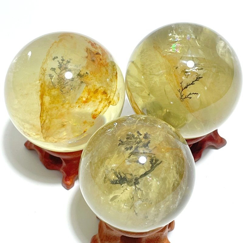 3 Pieces High Quality Dentritic Quartz Citrine Spheres With Rainbow For Collection - Wholesale Crystals