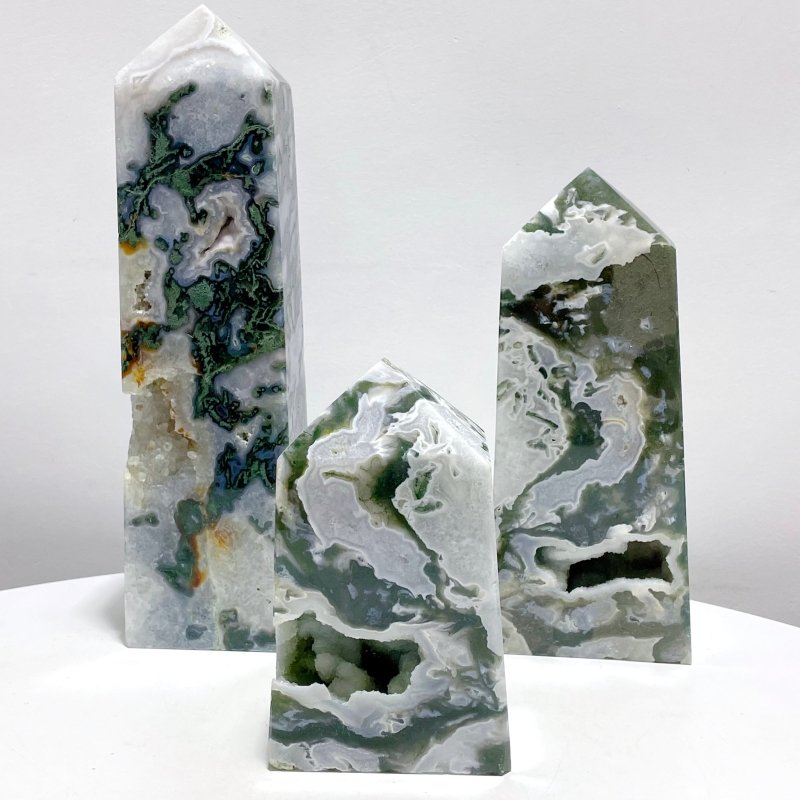 3 Pieces Large Druzy Moss Agate Geode Four - Sided Tower - Wholesale Crystals