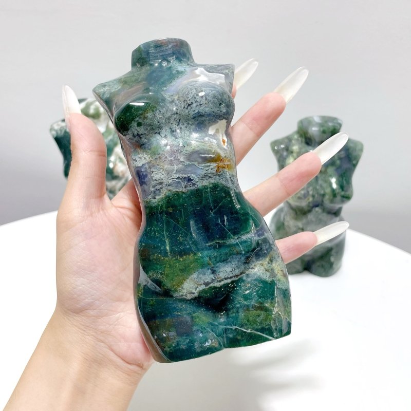 3 Pieces Large Moss Agate Goddess Carving - Wholesale Crystals