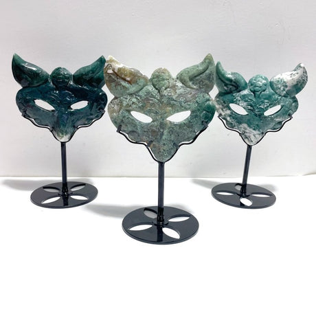 3 Pieces Moss Agate Fox Mask Carving With Stand - Wholesale Crystals