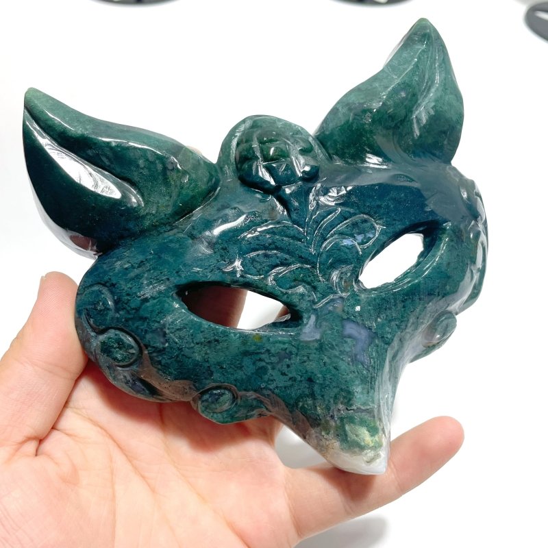 3 Pieces Moss Agate Fox Mask Carving With Stand - Wholesale Crystals