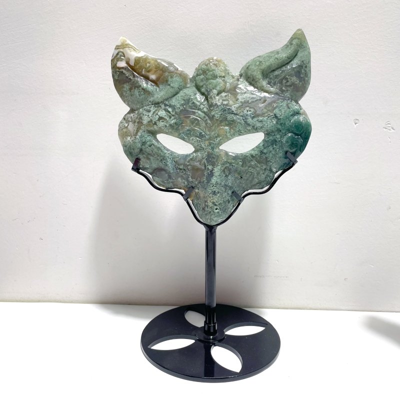 3 Pieces Moss Agate Fox Mask Carving With Stand - Wholesale Crystals