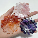 3 Pieces Sunflower Carving With Stand Pink Opal Fluorite Fire Quartz#1 - Wholesale Crystals