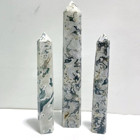 3 Pieces Tall Geode Druzy White Moss Agate Tower Points - Wholesale Crystals