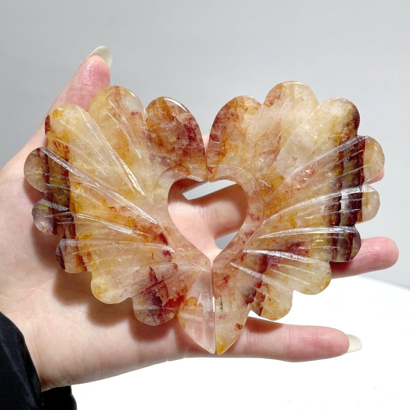 3 Pieces Unique Golden Hematoid Quartz Heart Wing Carving With Stand - Wholesale Crystals