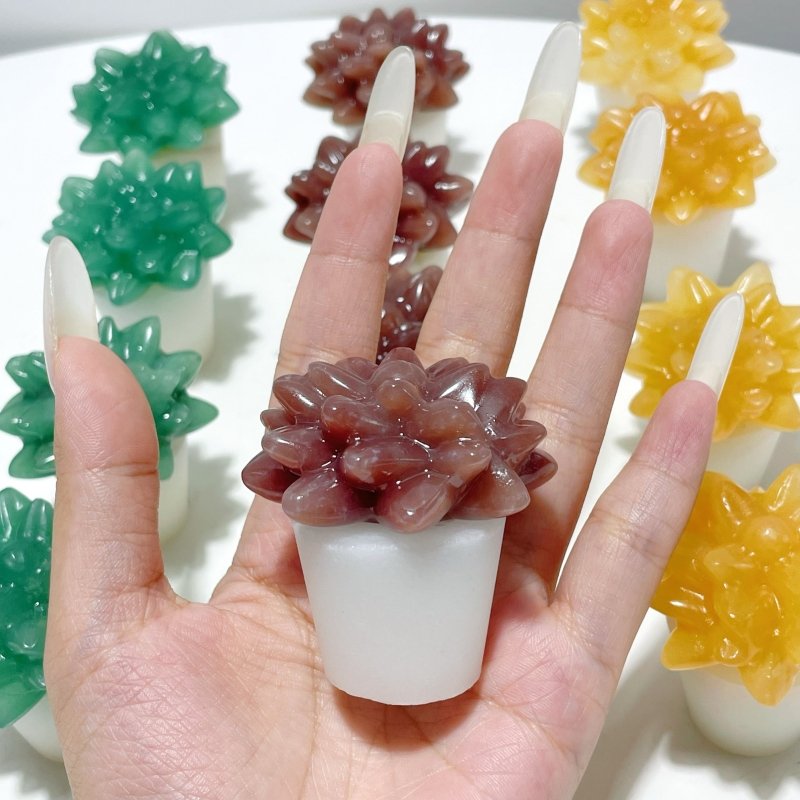 3 Types Succulent Potted Plants Carving Wholesale Yellow Calcite Strawberry Quartz Green Aventurine - Wholesale Crystals