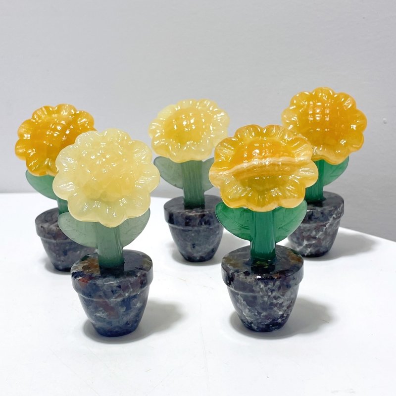 3 Types Sunflower Potted Plants Carving Wholesale Strawberry Quartz Yellow Calcite Lepidolite - Wholesale Crystals