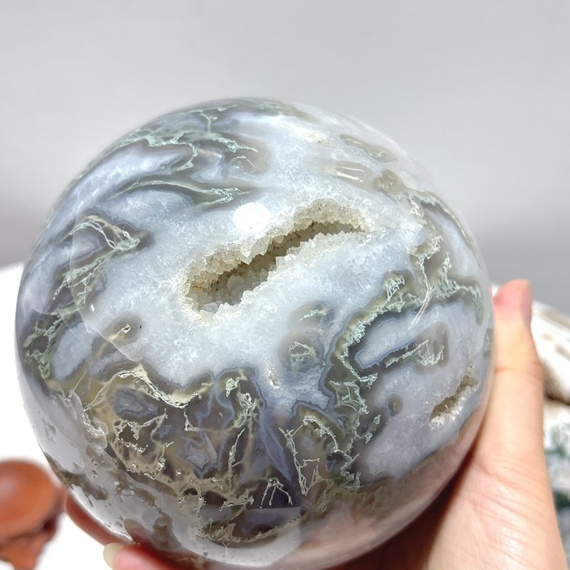 3Pieces Large Geode Moss Agate Large Sphere - Wholesale Crystals