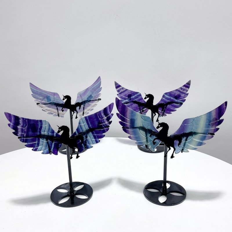 4 Pairs Beautiful Rainbow Fluorite Pegasus Wing Crystal Carving With Stand - Wholesale Crystals