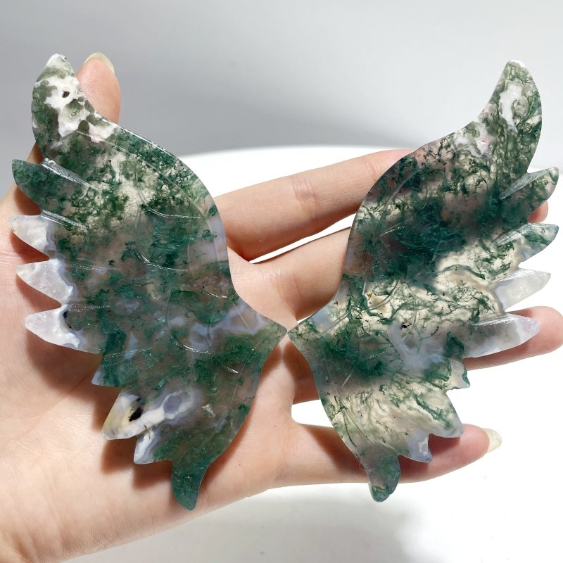 4 Pairs Moss Agate Angel Wing Carving With Stand - Wholesale Crystals