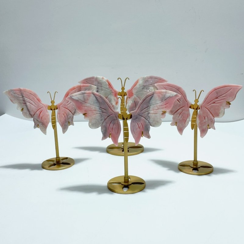 4 Pairs Pink Opal Butterfly Wing Carving With Stand - Wholesale Crystals